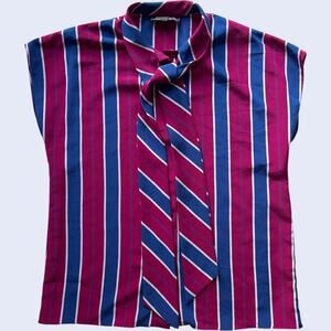 Stirling Cooper Tie-Neck Striped Blouse Magenta Blue Hong Kong 80s Sz 5/6 S